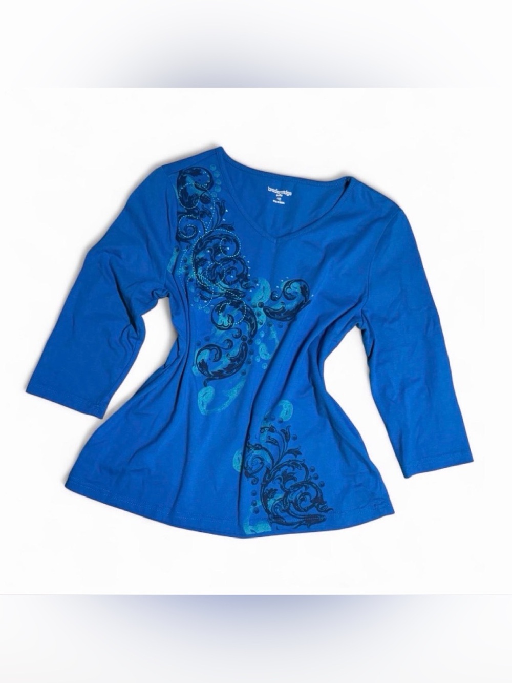 breckenridge Blue V-Neck Long Sleeve Top with Swirl Print